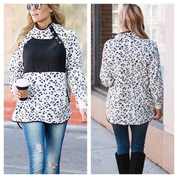Snow Leopard Color Block Fleece Pullover with Snap Neck - Picture 1 of 8